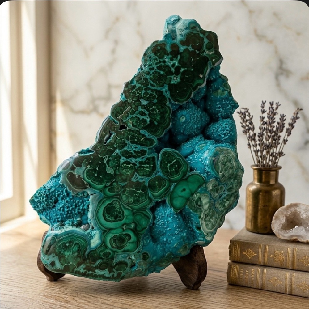 Large Chrysocolla Malachite Slab Wood Stand Healing Crystal Statement Piece